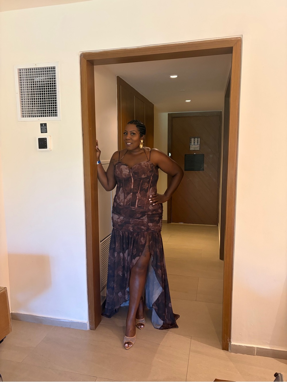 Fashion Nova Brown Floral High-Low Slit Gown